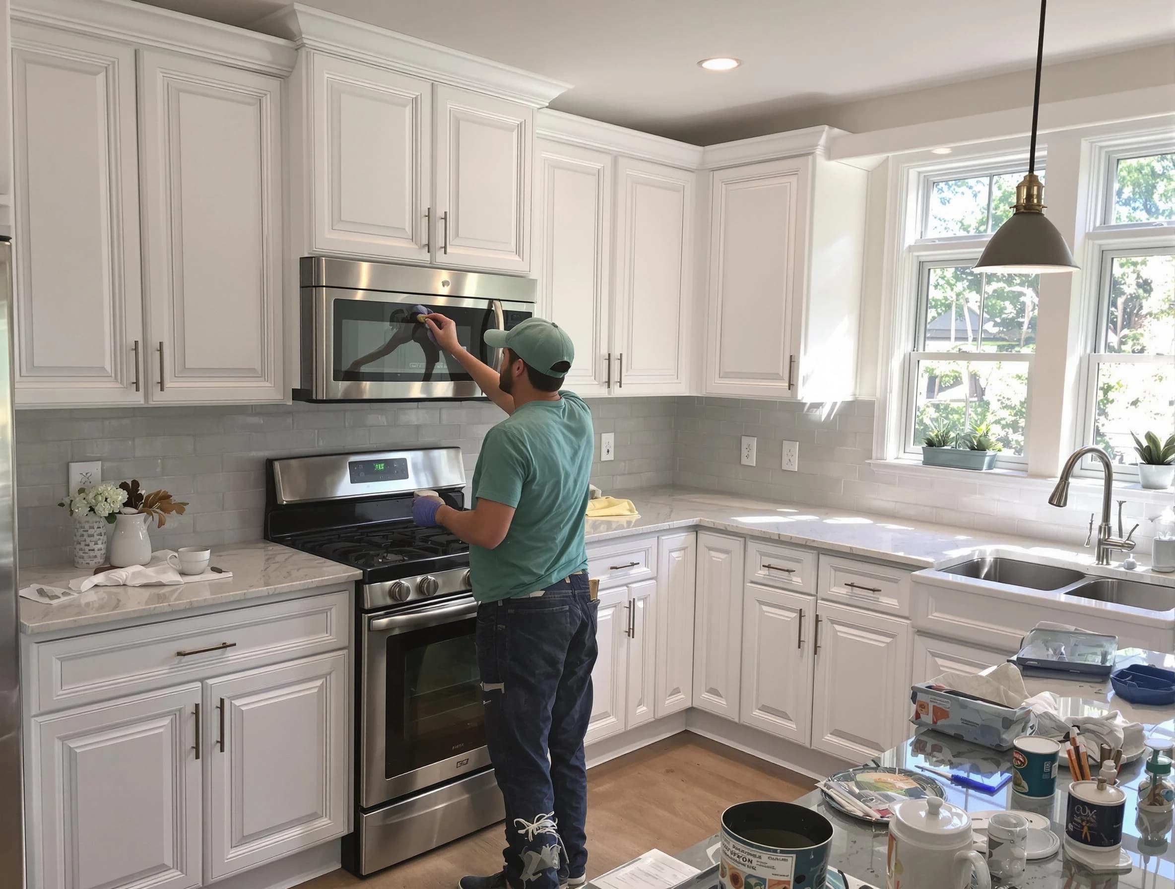 Kitchen cabinets being refinished by Brunswick House Painters in Brunswick, OH