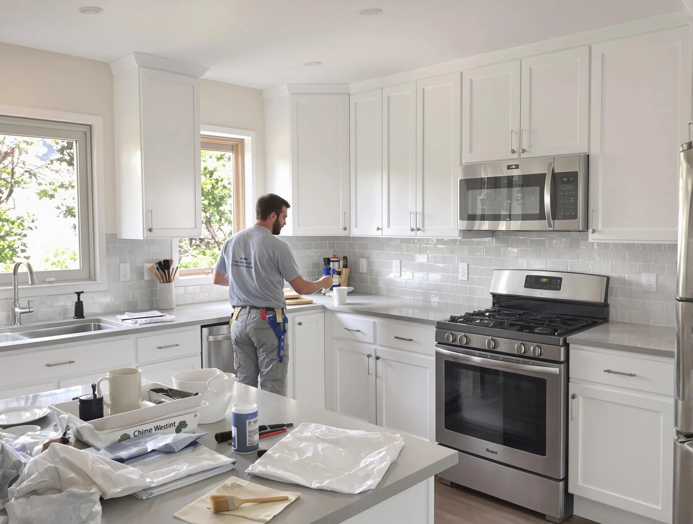 Brunswick House Painters applying fresh paint on kitchen cabinets in Brunswick